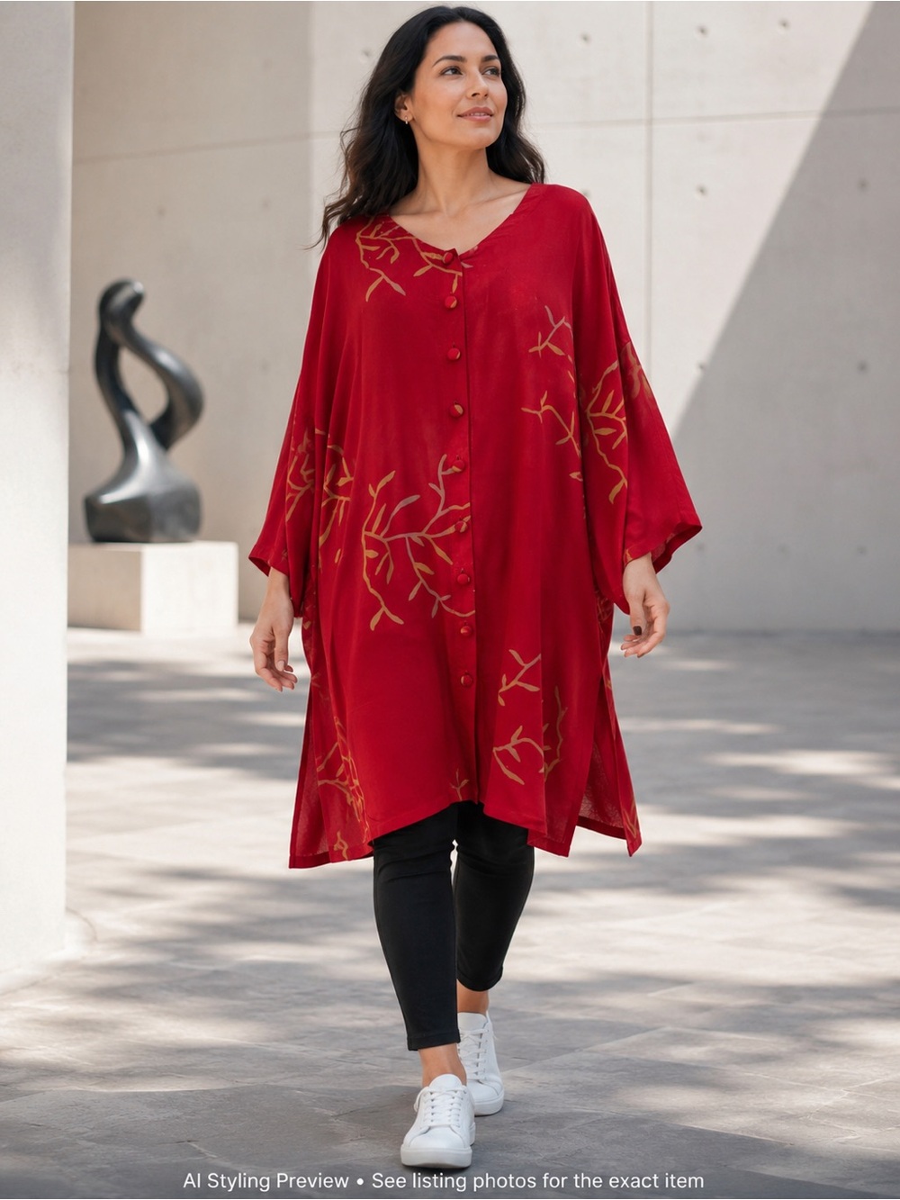 Whirled Arts XL Fits to 2X Red printed Rayon Wearable Art Tunic